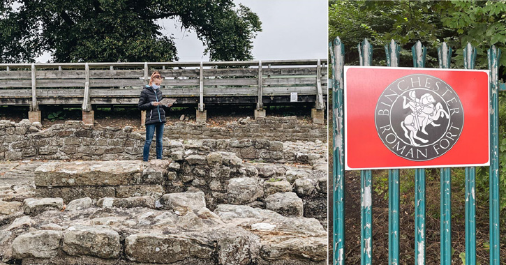 blogger Melissa Marshall looking at map at Binchester Roman Fort